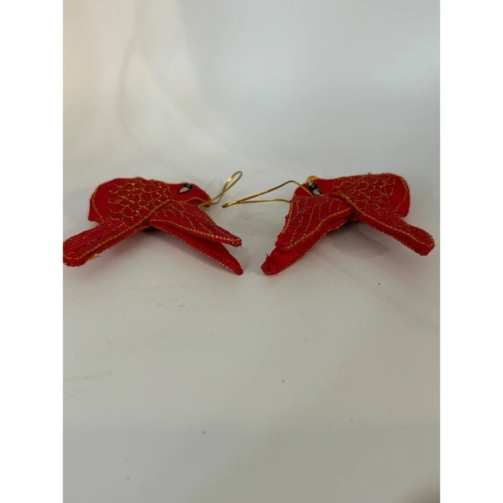 Red Cardinal Bird Christmas Ornaments Set of 2 Gold Embroidered Fabric Padded